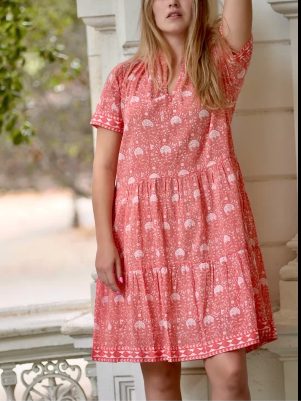 Women's Coral Tiered Casual Dress with White Print